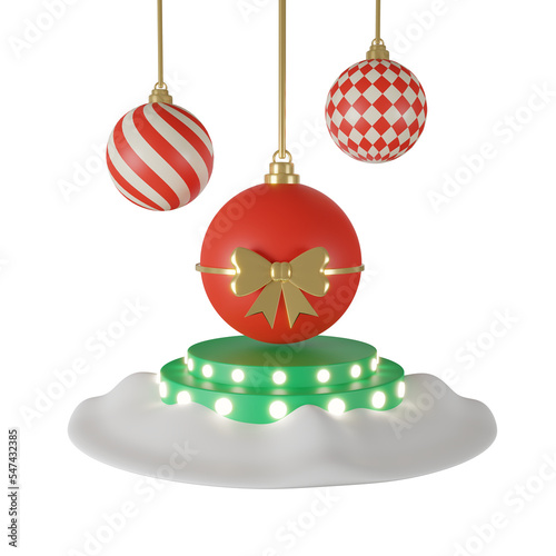 3D Christmas and New Year background Podium LED Lighting on Snow, Balls With Podium and Lighting LED, Balls, Bow, Snow.