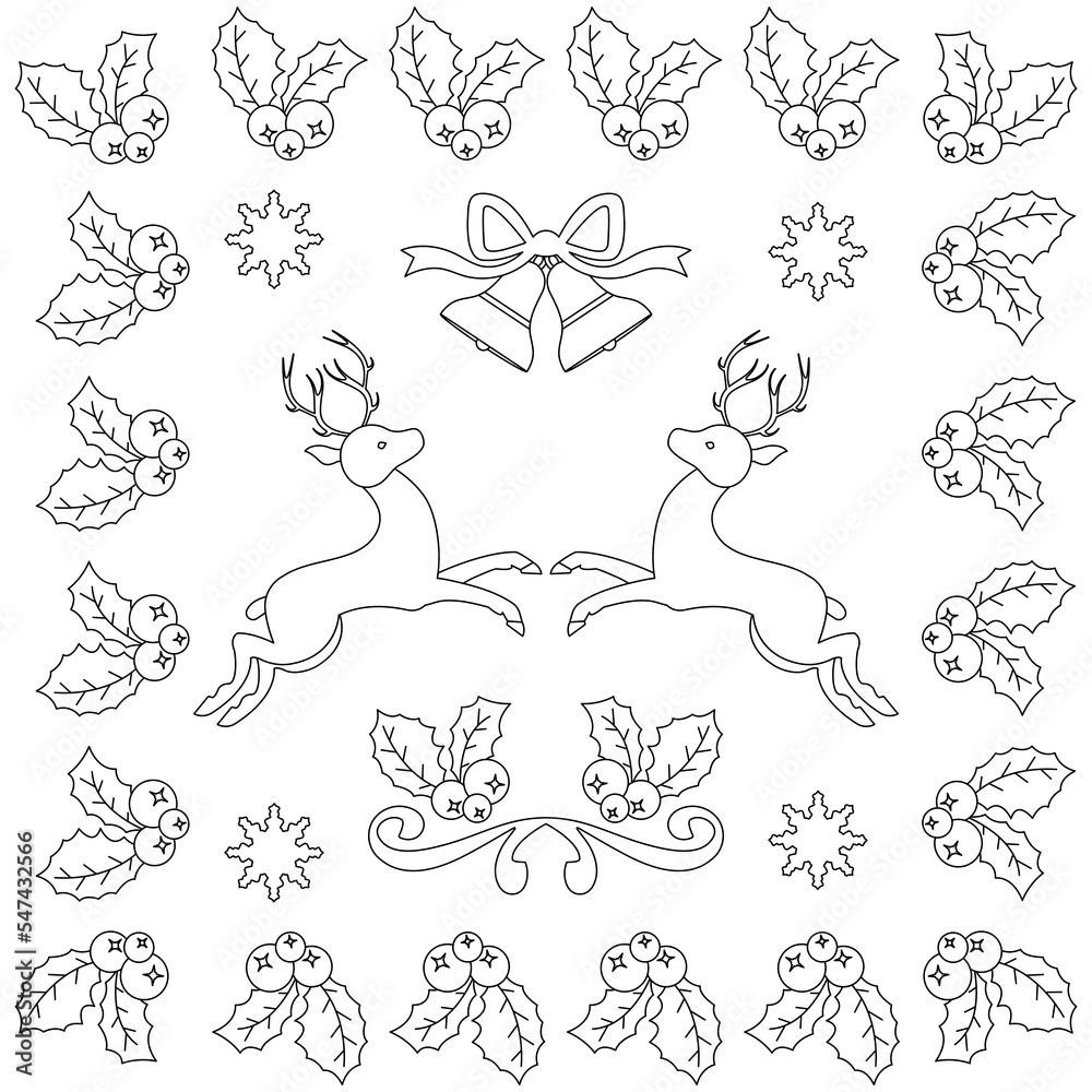 Decorative winter card with floral ornament and deer. Zenart. Stylized template for Christmas cards, congratulations and corporate invitations, covers, books and anti-stress coloring pages.