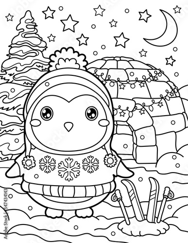 Cute penguin in a sweater with skis. Christmas and New Year. Coloring book for children. Black and white vector illustration.
