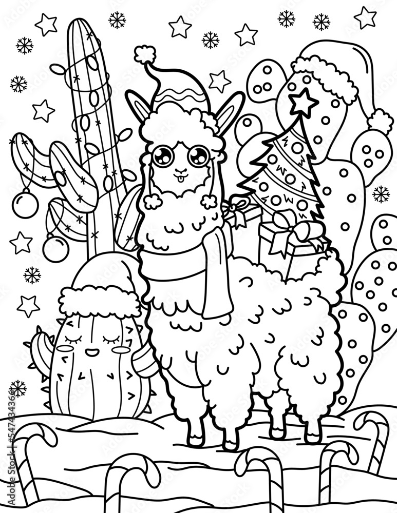 Christmas llama with gifts and cacti. Christmas and New Year. Coloring book for children. Black and white vector illustration.