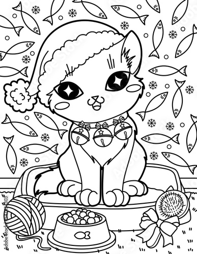 Fototapeta Naklejka Na Ścianę i Meble -  Cat in santa claus hat with christmas gifts. Christmas and New Year. Coloring book for children. Black and white vector illustration.