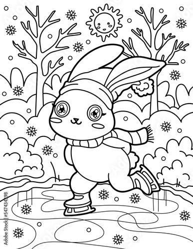 A cute rabbit in a scarf is skating. Christmas and New Year. Coloring book for children. Black and white vector illustration.