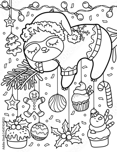 The sloth sleeps on the Christmas tree. Christmas tree toys. Christmas and New Year. Coloring book for children. Black and white vector illustration.