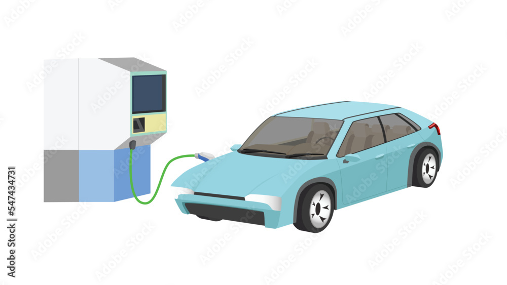 Perspectives electric vehicle car charging parking at the charger station with a plug in cable. Charging in the beside of car to battery. Isolated flat vector illustration on white background. Perspectives electric vehicle car charging parking at the charger station with a plug in cable. Charging in the beside of car to battery. Isolated flat vector illustration on white background.