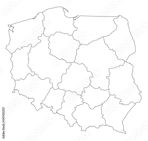 Simple map of Poland with hollow voivodeships isolated with transparent background. Illustration from vector. Only borders.