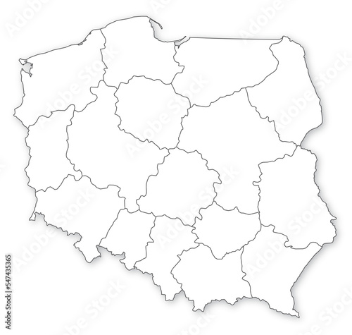 Simple map of Poland with voivodeships isolated with transparent background. Illustration from vector. photo