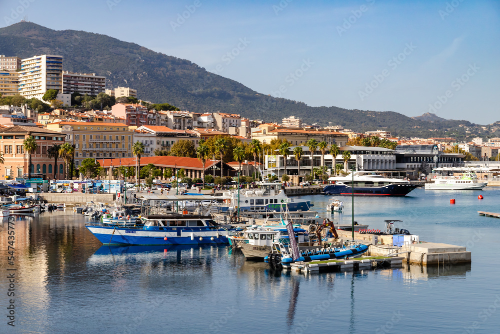 Ajaccio, France -October 26, the port with promenade of Ajaccio on Corsica island