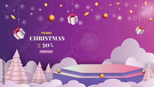 3d merry christmas banner, gift sale. Santa products on promotion display, podium red premium decoration. Fallen wrapped boxes, showcase for product presentation. Vector design background