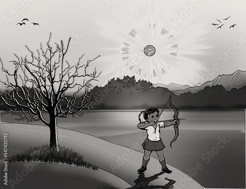 
A woman with a bow and arrow standing against the background of a forest and mountain landscape. Black and white vector illustration
