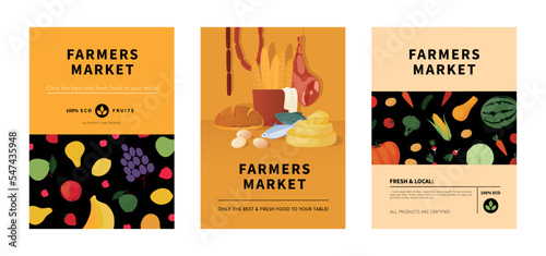 Farmer market. Food shop posters. Local bazaar fruit stall. Vegetable event. Eco farm festival. Natural products flyers set. Fresh bread and meat sausages. Vector design background