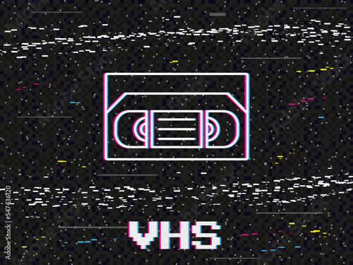 VHS cassettes. Noise text. Television signal. Retro 80s screen. Analog video play and stop. Recorder tape rewind backdrop. Grainy black TV display screen. Abstract background. Vector banner