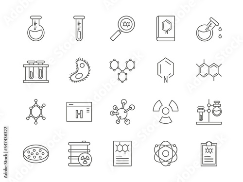 Science laboratory icons. Biology and chemistry. Scientific research process. Medical or chemical lab. Test tubes. Molecule structure models. Radioactive elements. Vector line symbols set
