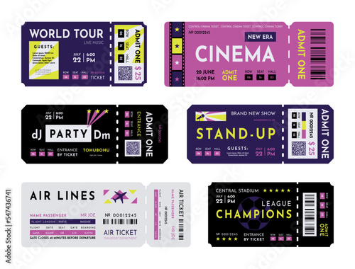 Concert or festival ticket. Event coupon template. Cinema or music party entry pass. Soccer entrance. Rock DJ show. Access label with barcode and separated line. Vector modern flyers set