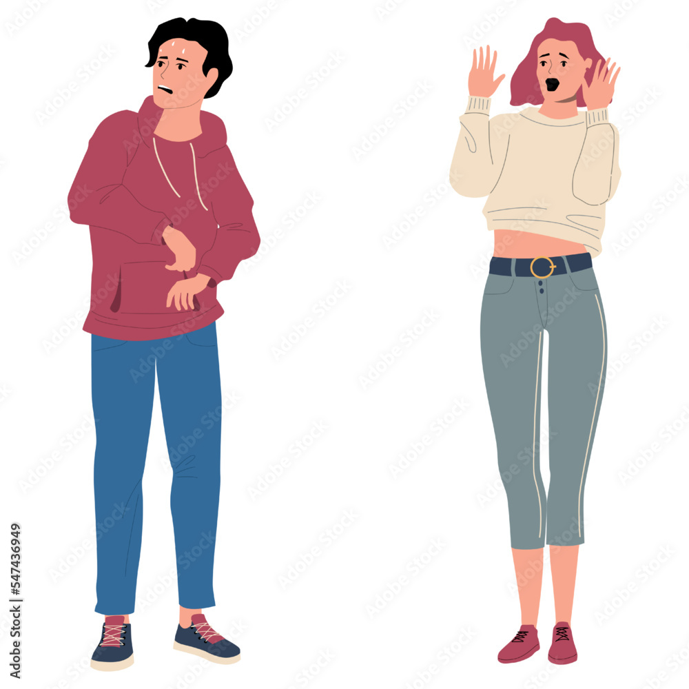 Scared people. Frightened woman. Startled man. Negative emotion expression. Worried characters. Phobias or fears. Shocked female. Panicked male. Vector terrified unhappy persons set Scared people. Frightened woman. Startled man. Negative emotion expression. Worried characters. Phobias or fears. Shocked female. Panicked male. Vector terrified unhappy persons set