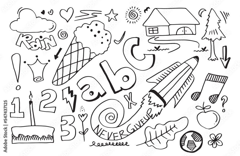 Set of cute doodle on white background.kids doodle.vector illustration ...