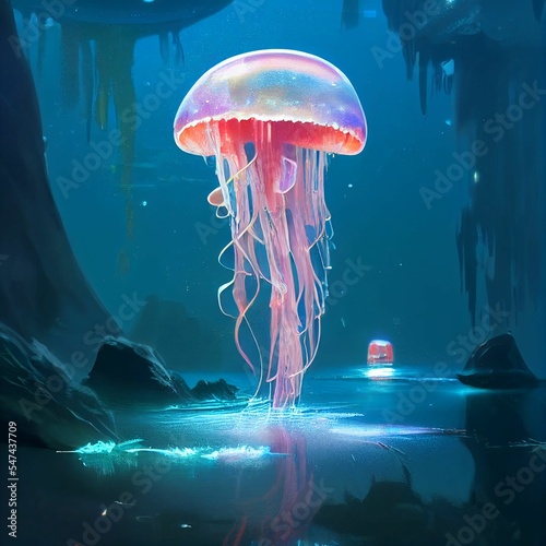 Obraz na plátně 3D illustration of a colorful jellyfish in a magical place above a blue water