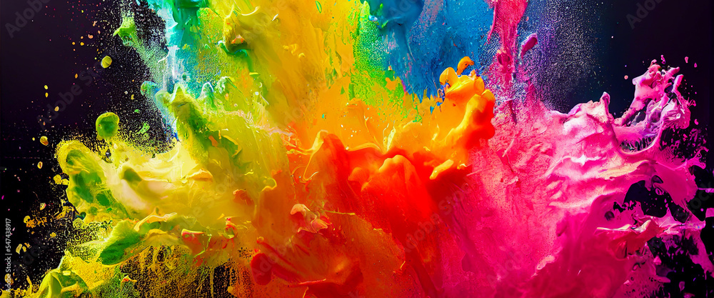 panorama Exploding liquid paint in rainbow colors with splashes, Generative AI Illustration
