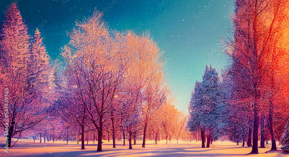 Magical winter landscape with trees and snow, Generative AI Illustration