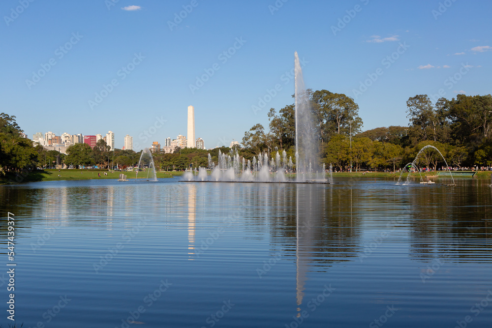 View of Ibirapuera Park with the fountain and the Obelisk in the background, Sao Paulo - Brazil