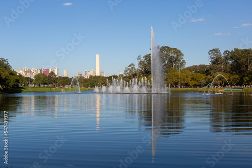 View of Ibirapuera Park with the fountain and the Obelisk in the background, Sao Paulo - Brazil