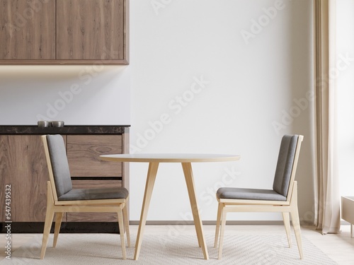 Fototapeta Naklejka Na Ścianę i Meble -  Dining room and kitchen copy space on white background, front view,3D rendering