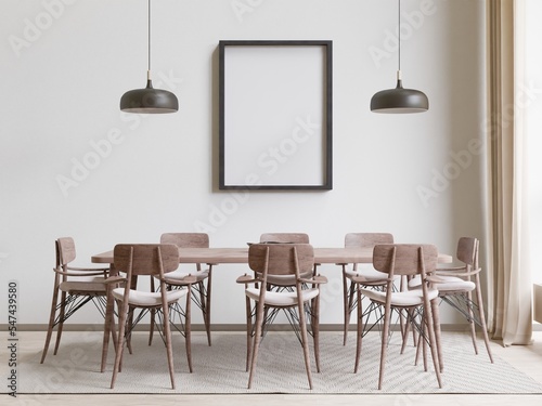 Dining room and kitchen copy space on white background, front view,3D rendering