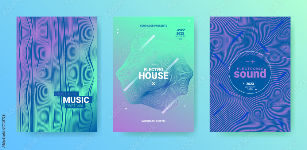 Edm Party Flyer Set. Techno Music Dance Cover. Electro Sound Banner. Abstract Dj Background. Vector Edm Poster. Minimal Fest Illustration. Gradient Wave Round. Geometric Edm Poster.