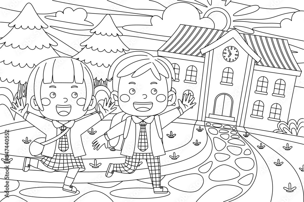 Vector outline illustration of cute back to school for coloring book