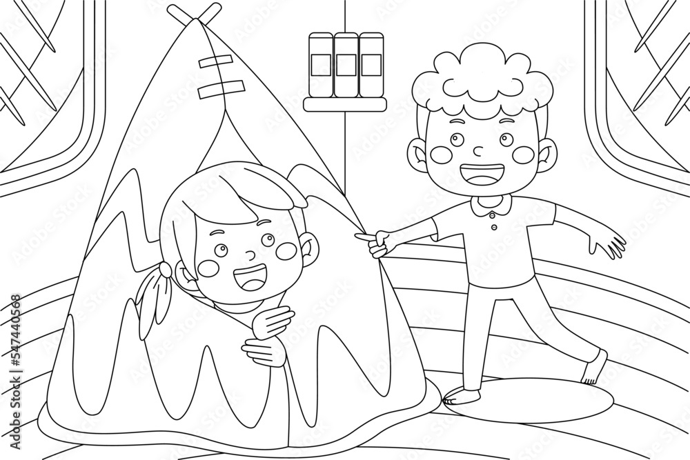 Vector outline illustration of cute kids activity for coloring book