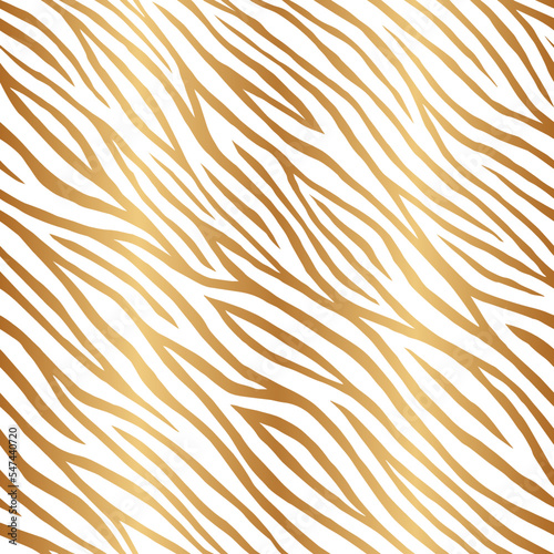 Elegant golden wild animal background. Skin zebra, tiger. Gold seamless pattern. Luxury abstract backdrop. Chic texture for design wallpaper, wrapping paper, gift wrapper, prints. Vector illustration