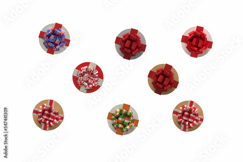 Closed gift box round with a bow. 3D Render. Isolated on white background. Top view. Red yellow gift wrapping surprises for the new year, birthday, Christmas any other holiday.