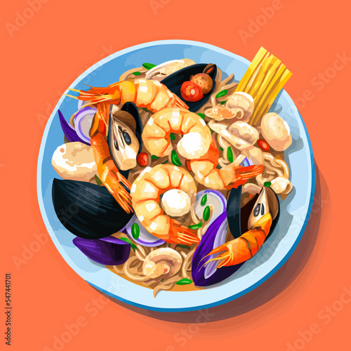 Vector illustration of a seafood plate with shrimps, mussels, and crayfish