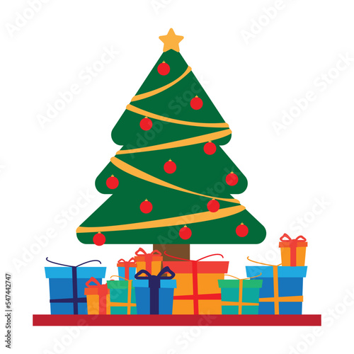 Happy New Year. Decorated Christmas tree with star, ribbon, balls and gift boxes vector. Flat style vector illustration.