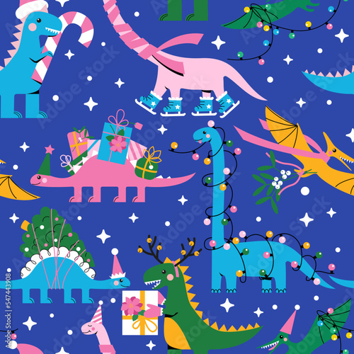 Funny cartoon dinosaurs Christmas pattern. Abstract geometric Holiday background. Hand drawn modern style vector illustration.