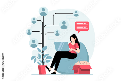 Social network concept with people scene in flat design. Woman writes online messages and sends to group contacts from friends list using laptop. Illustration with character situation for web