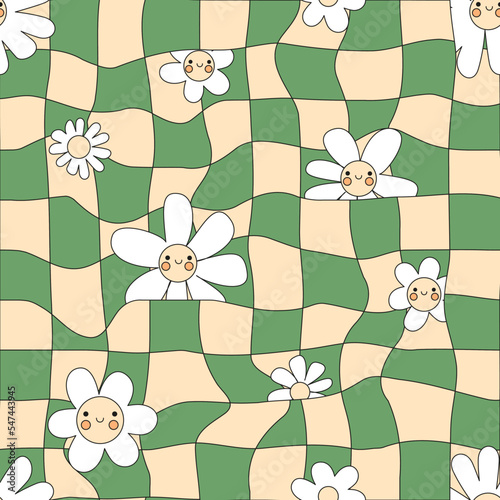 Seamless groovy checked and smiling daisy pattern in 60s style. Hippy vector background. Colourful vintage textile, wrapping paper design.