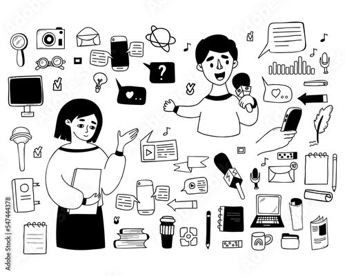 Collection journalism vector doodles. Male journalist reporter with microphone and female TV presenter, hands with voice recorder, broadcast recording, laptop, newspaper. Isolated linear hand drawns
