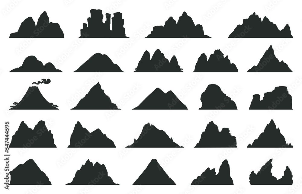 Cartoon mountains silhouettes, black outdoor landscape elements. Nature rocks, expedition or hiking mountain peaks mountain peak silhouette flat vector illustration. Mountain silhouettes collection - obrazy, fototapety, plakaty 