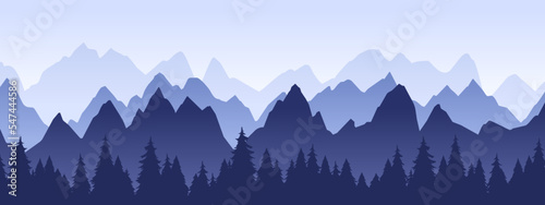 Mountain landscape, outdoor nature rocks view. Expedition or hiking mountain snowy peaks, fog mountain scene flat vector background illustration. Outdoor nature panorama