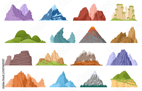 Cartoon mountain peak, green hills and glacier mountain. Nature landscape mountain peaks, hill top and iceberg flat vector illustration set. Outdoor hiking rock collection