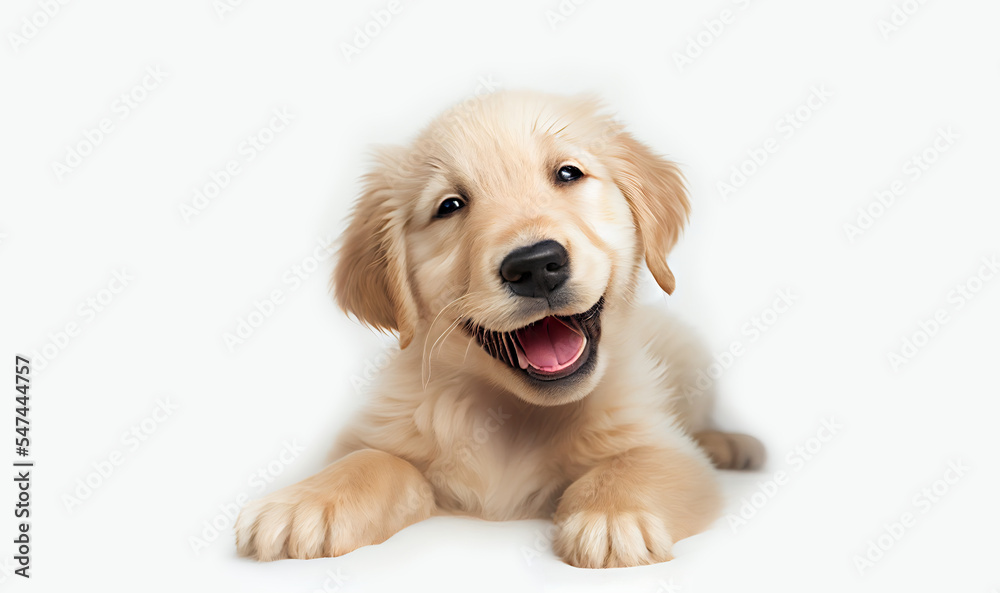 Happy puppy dog smiling on isolated background.
Portrait of a cute Golden retriever puppy. Digital art Happy puppy dog smiling on isolated background.
Portrait of a cute Golden retriever puppy. Digital art