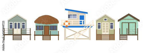 Cartoon summer beach huts, beach houses. Bungalow beach summer vacation huts, marine sandy buildings flat vector illustration on white background