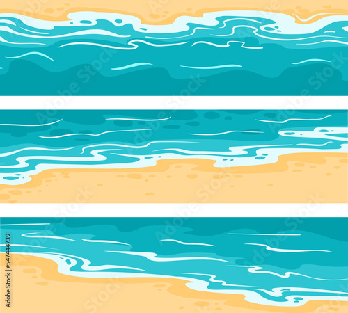 Cartoon summer seashore view, seaside beach pattern. Tropical beach with ocean waves, nature paradise sandy beach landscape flat vector illustration on white background