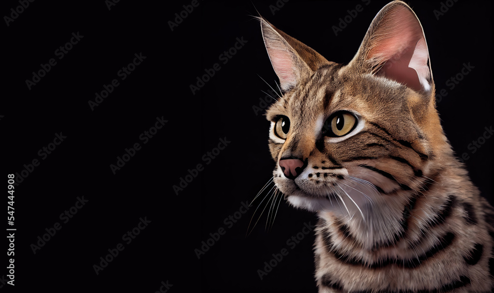 Cat portrait. Savannah cat on dark background, space for text. Cute cat. Digital art Cat portrait. Savannah cat on dark background, space for text. Cute cat. Digital art