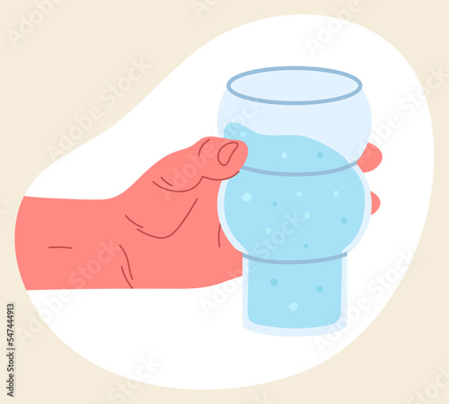 Human hand hold glass of mineral water. Hand holding water glass, cold drinks, spring sparkling water isolated flat vector illustration on white background