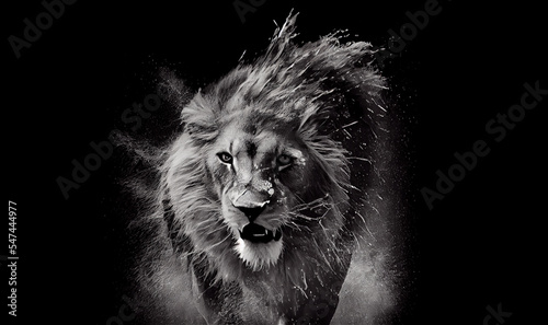 Foto Lion shaking off water while hunting. Digital art