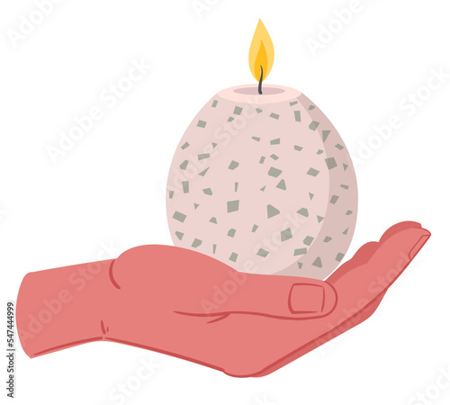 Scented wax candle in hands, cozy cartoon candle. Hand holding candle, holidays aromatherapy flat vector illustration on white background