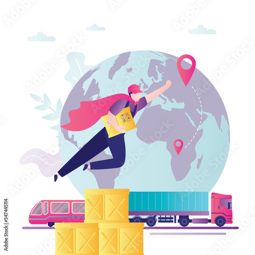 Delivery man looking like super hero flies through the sky. Male worker with parcels. Courier deliver packages to client. Logistic, fast shipment on railway or trucks.