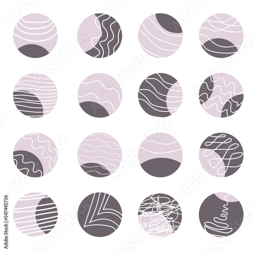 Round icons with abstract lines, shapes, doodles for highlighting stories, social networks, for bloggers, photographers, for highlighting covers. Aesthetic background, modern fashion blog and fashion © Lesia