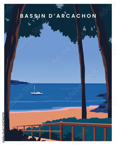travel poster Coastline of Bassin Arcachon bay in France. vector landscape illustration with flat style for poster, card, postcard, print, etc.
